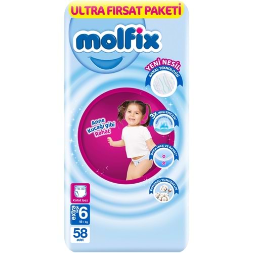 Molfix Külot Bebek Bezi 6 Beden 15+ KG Extra Large 58 Adet Ultra Fırsat Pk
