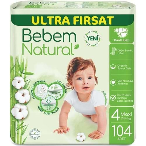 Bebem Bebek Bezi Natural 4 Beden 7-14 KG Maxi 104 Adet Ultra Fırsat Pk