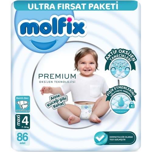Molfix Premium Bebek Bezi 4 Beden 7-14 KG Maxi 86 Adet Ultra Fırsat Pk