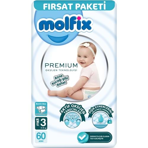 Molfix Premium Bebek Bezi 3 Beden 4-9 KG Midi 60 Adet Fırsat Pk