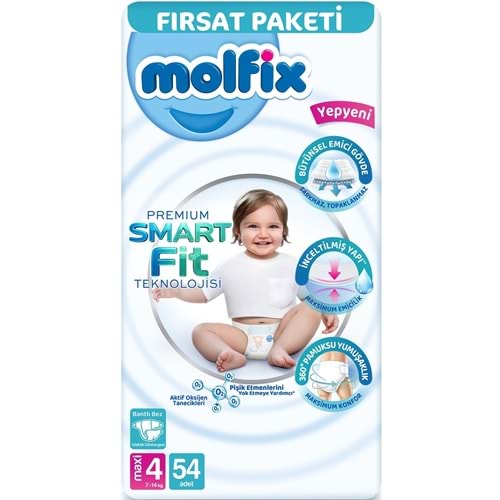 Molfix Premium Smart Fit Bebek Bezi 4 Beden 7-14 KG Maxi 54 Adet Fırsat Pk