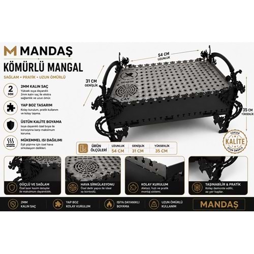 MANDAŞ Yapboz Kömürlü Mangal 54x31x35 cm - 2 mm Kalın Çelik - Elektrostatik Boyalı - Kolay Kurulum