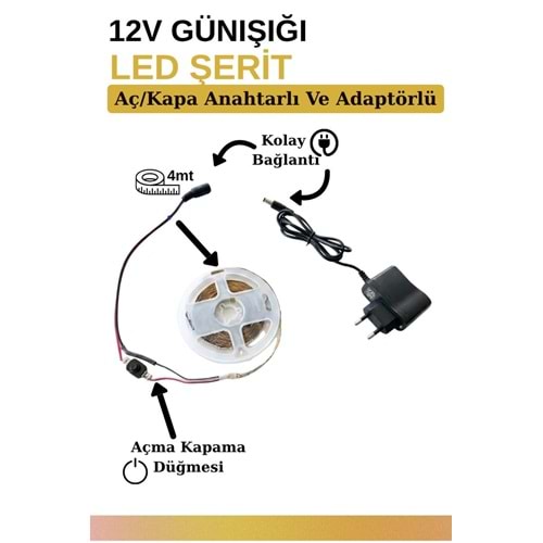 Mandaş 4 Metre Günışığı Şerit Led 3000K Mutfak Tezgah Üstü Dolap Altı İçin 12V Tam Set
