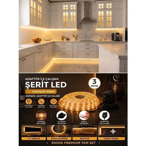 Silorien 3 Metre Günışığı Şerit LED Mutfak Dolabı Tezgah Üstü Adaptörlü Aç Kapa Düğmeli Tak Çalıştır