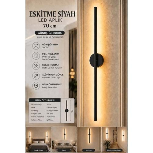 MANDAŞ Siyah Gün Işığı 70 CM Led Duvar Aplik 1 Adet|Pilli Kablosuz Kullanım Tak-Çalıştır