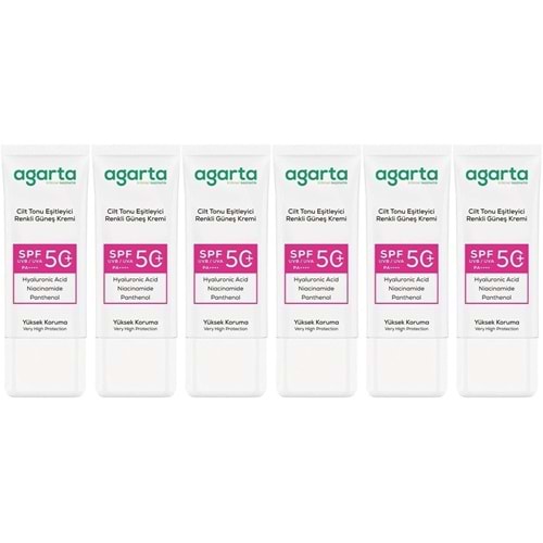 Agarta Cilt Tonu Eşitleyici Renkli Kapatıcı Etkili Spf+50 Faktör Güneş Kremi 50 ML (6 Lı Set)