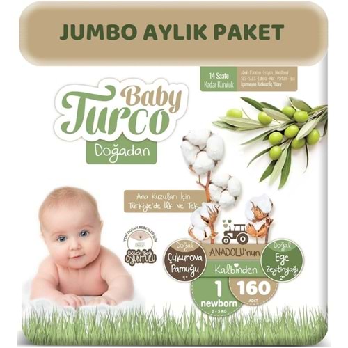 Baby Turco Bebek Bezi Doğadan Beden:1 (2-5Kg) Yeni Doğan 160 Adet Jumbo Aylık Pk