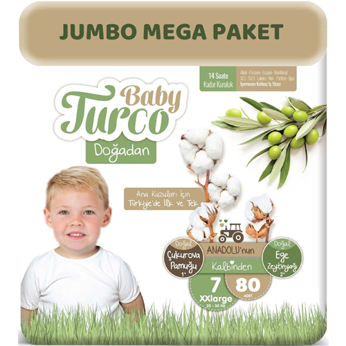 Baby Turco Bebek Bezi Doğadan Beden:7 (20-30Kg) XXLarge 80 Adet Jumbo Mega Pk