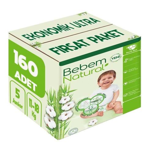 Bebem Bebek Bezi Natural 5 Beden 11-18 KG Junior 160 Adet Ekonomik Ultra Fırsat Pk