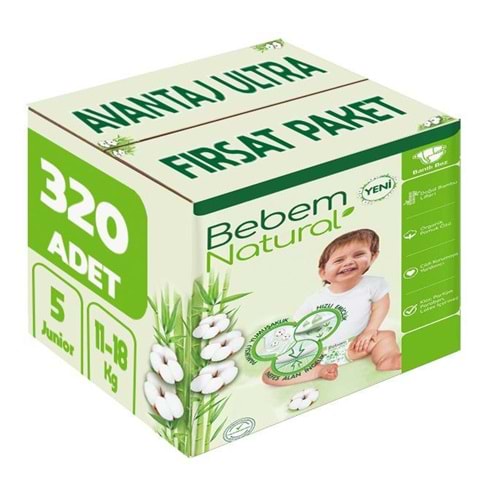 Bebem Bebek Bezi Natural 5 Beden 11-18 KG Junior 320 Adet Avantaj Ultra Fırsat Pk