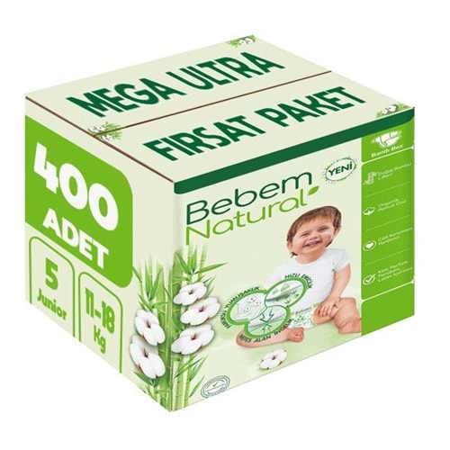 Bebem Bebek Bezi Natural 5 Beden 11-18 KG Junior 400 Adet MeGa Ultra Fırsat Pk