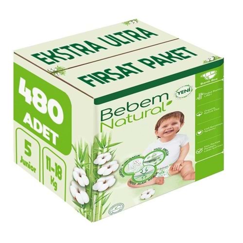 Bebem Bebek Bezi Natural 5 Beden 11-18 KG Junior 480 Adet Ekstra Ultra Fırsat Pk