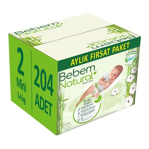 Bebem Bebek Bezi Natural 2 Beden 3-6 KG Mini 204 Adet Aylık Fırsat Pk