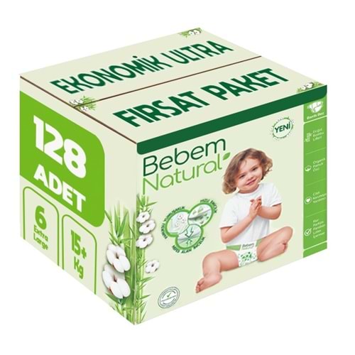 Bebem Bebek Bezi Natural 6 Beden 15+ KG Extra Large 128 Adet Ekonomik Ultra Fırsat Pk
