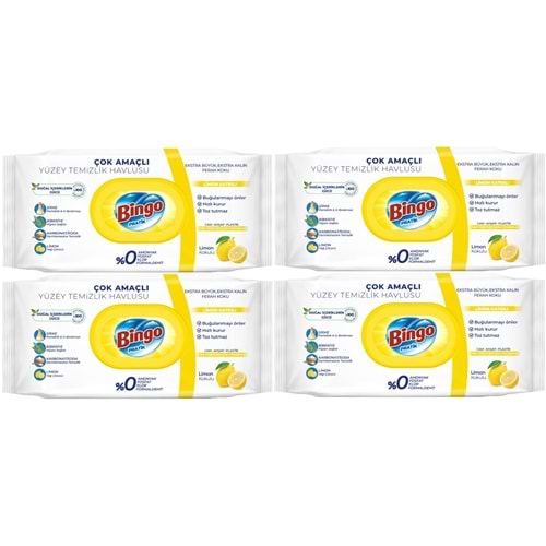 Bingo Clean Yüzey Temizlik Havlusu 96 Yaprak Limon Kokulu Plastik Kapaklı (4 Lü Set) 384 Yaprak