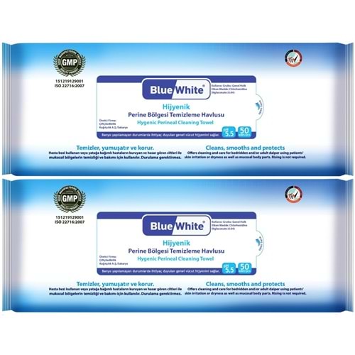 BlueWhite Yetişkin Perine Bölgesi Temizleme Mendil-Havlusu (2 li set) 50 Yaprak Hijyenik