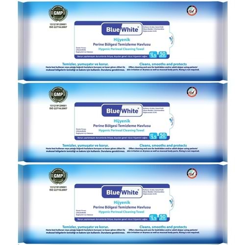 BlueWhite Yetişkin Perine Bölgesi Temizleme Mendil-Havlusu (3 lü set) 50 Yaprak Hijyenik