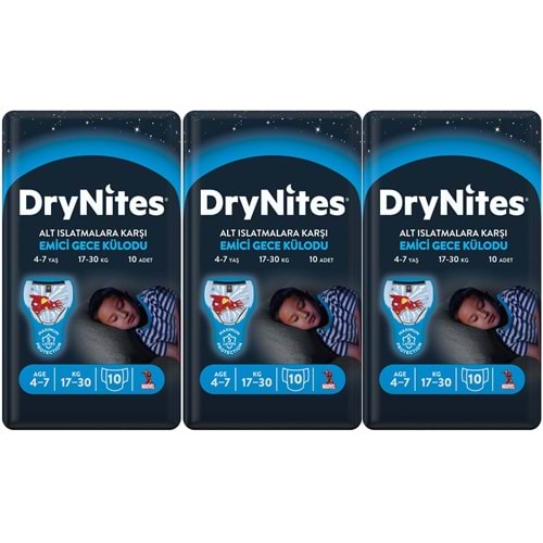 Drynites Emici Gece Külodu/Külot Bez Erkek 4-7 Yaş 17-30KG Small 30Adet 3PK*10 Alt Islatmalara Karşı