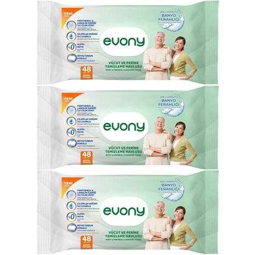 Evony Yetişkin Vücut Perine Temizleme Islak Mendil Havlu 48 Yaprak XL Banyo Ferahlığı (3 Lü Set)