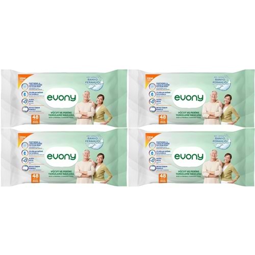 Evony Yetişkin Vücut Perine Temizleme Islak Mendil Havlu 48 Yaprak XL Banyo Ferahlığı (4 Lü Set)