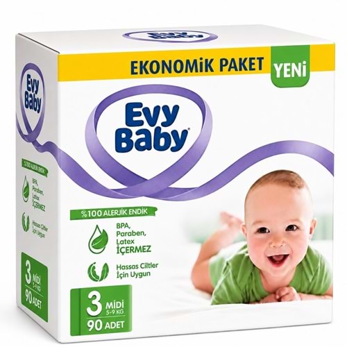 Evy Baby Bebek Bezi 3 Beden 5-9 KG Midi 90 Adet Ekonomik Fırsat Pk
