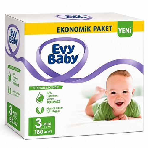 Evy Baby Bebek Bezi 3 Beden 5-9 KG Midi 180 Adet Süper Ekonomik Mega Pk