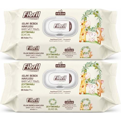 Fibril Islak Havlu Bebek Mendil 90 Yaprak Zeytinyağlı Plastik Kapaklı (2 Li Set) 180 Yaprak