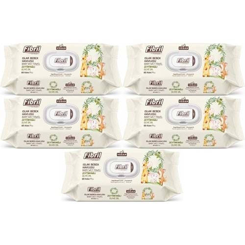 Fibril Islak Havlu Bebek Mendil 90 Yaprak Zeytinyağlı Plastik Kapaklı (5 Li Set) 450 Yaprak
