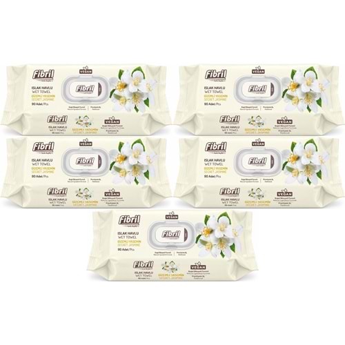 Fibril Islak Havlu Mendil 90 Yaprak Gizemli Yasemin Plastik Kapaklı (5 Li Set) 450 Yaprak