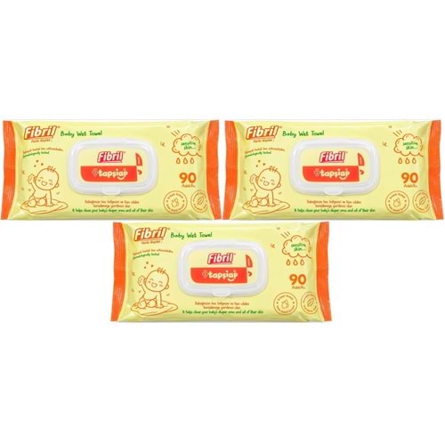 Fibril Islak Havlu Mendil 90 Yaprak Bebek Plastik Kapaklı (3 Lü Set) 270 Yaprak