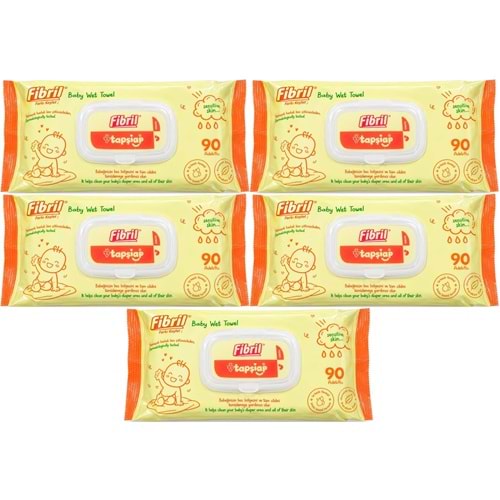 Fibril Islak Havlu Mendil 90 Yaprak Bebek Plastik Kapaklı (5 Li Set) 450 Yaprak