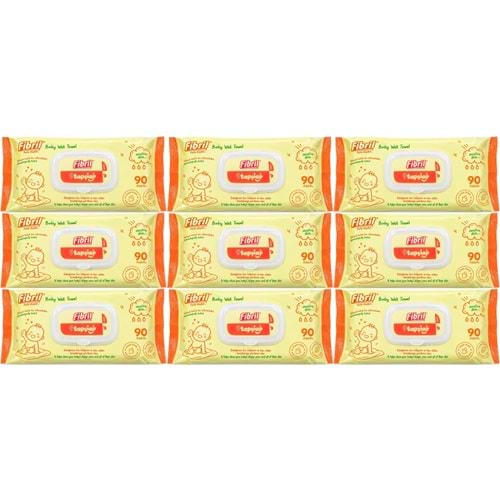 Fibril Islak Havlu Mendil 90 Yaprak Bebek Plastik Kapaklı (9 Lu Set) 810 Yaprak