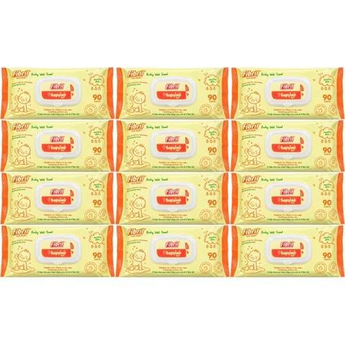 Fibril Islak Havlu Mendil 90 Yaprak Bebek Plastik Kapaklı (12 Li Set) 1080 Yaprak