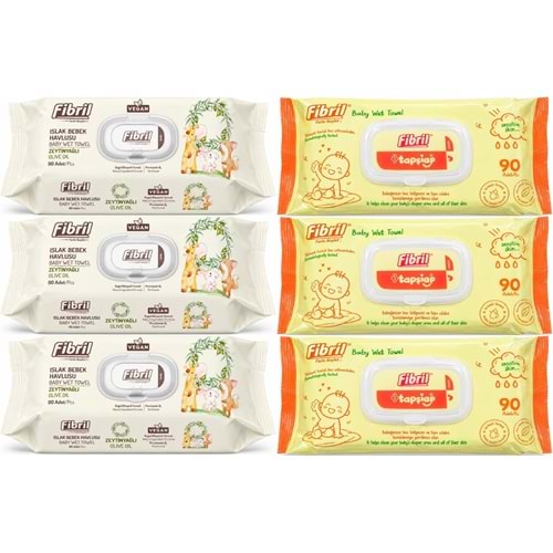 Fibril Islak Havlu Bebek Mendil 90 Yaprak Zeytinyağlı & Bebek (Karma 6 Lı Set) 540 Yaprak