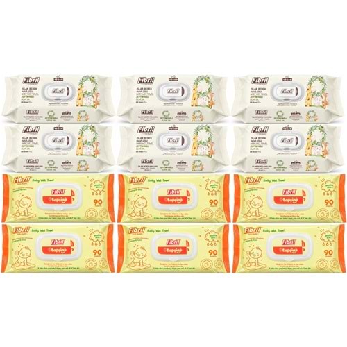 Fibril Islak Havlu Bebek Mendil 90 Yaprak Zeytinyağlı & Bebek (Karma 12 Li Set) 1080 Yaprak