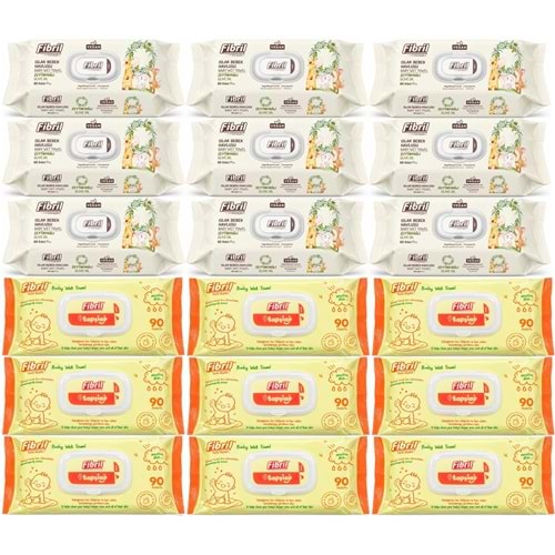 Fibril Islak Havlu Bebek Mendil 90 Yaprak Zeytinyağlı & Bebek (Karma 18 Li Set) 1620 Yaprak