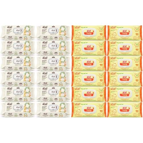 Fibril Islak Havlu Bebek Mendil 90 Yaprak Zeytinyağlı & Bebek (Karma 24 Lü Set) 2160 Yaprak
