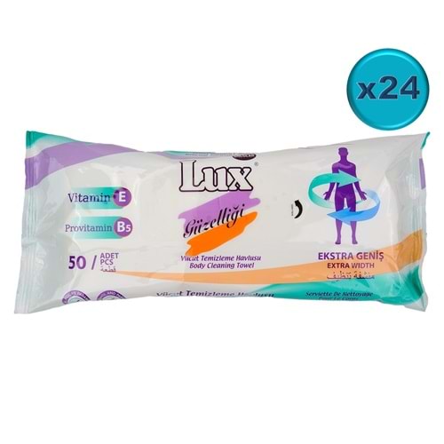 Lux Yetişkin Vücut Temizleme Islak Mendil Havlu 50 Yaprak XL (24 Lü Set)