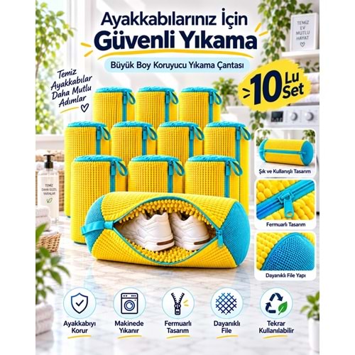 Mandaş Büyük Boy Ayakkabı Yıkama Torba File Özel Makarna Kumaş Makinede Deforme Önleyici (10 Lu Set)