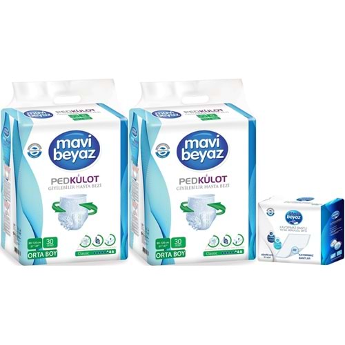 Mavi Beyaz Ped Emici Külot Yetişkin Bezi M - Medium Orta 60 Adet + Yatak Koruyucu Örtü 60*90CM 30 Adet