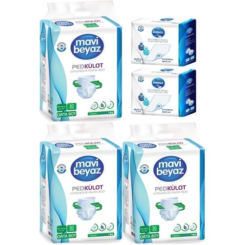 Mavi Beyaz Ped Emici Külot Yetişkin Bezi M - Medium Orta 90 Adet + Yatak Koruyucu Örtü 60*90CM 60 Adet