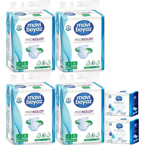 Mavi Beyaz Ped Emici Külot Yetişkin Bezi M - Medium Orta 120 Adet + Yatak Koruyucu Örtü 60*90CM 60 Adet