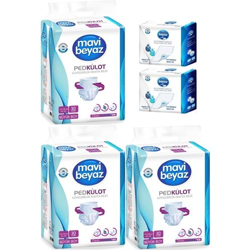 Mavi Beyaz Ped Emici Külot Yetişkin Bezi L -Large Büyük 90 Adet +Yatak Koruyucu Örtü 60x90CM 60 Adet