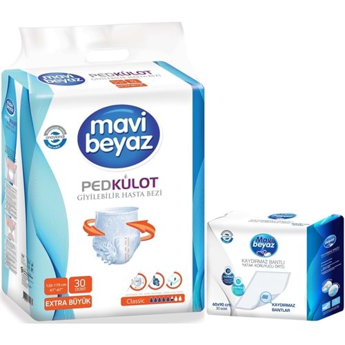 Mavi Beyaz Ped Emici Külot Yetişkin Bezi XL-Ekstra Büyük 30 Adet + Yatak Koruyucu Örtü 60*90CM 30 Adet