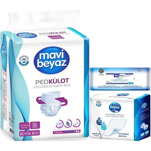 Mavi Beyaz Ped Emici Külot Yetişkin Bezi L 30 Adet + Yatak Koruyucu 30 Adet + Temizleme Havlusu 1 Pk