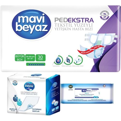 Mavi Beyaz Ped Ekstra Tekstil Yüzeyli Yetişkin Bel Bantlı Yetişkin Bezi L 30 Adet+ Yatak Korucu + Havlu