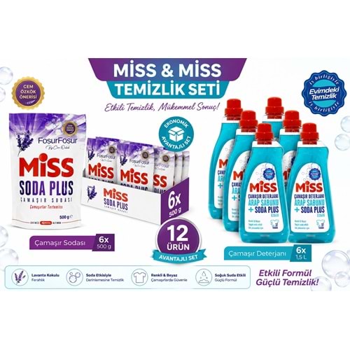 Miss Sıvı Çamaşır Deterjanı Renkli/Beyaz 1500ML & Çamaşır Sodası 500GR Lavanta (Avantajlı Set)