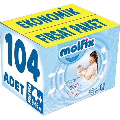 Molfix Bebek Bezi 4+ Beden 9-16 KG Maxi Plus 104 Adet Ekonomik Fırsat Pk