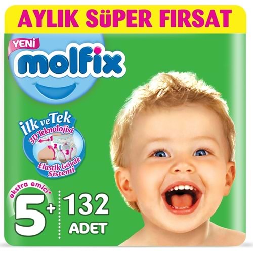 Molfix Bebek Bezi 5+ Beden 13-20 KG 132 Adet Aylık Fırsat Pk + 9 Adet Islak Havlu