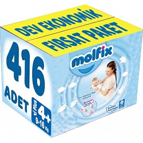 Molfix Bebek Bezi 4+ Beden 9-16 KG Maxi Plus 416 Adet Dev Ekonomik Fırsat Pk